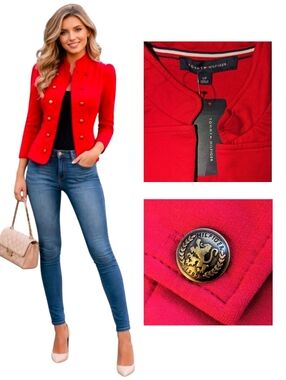NWT Tommy Hilfiger Epaulette Military Style Band Blazer Bold Red STATEMENT Gift